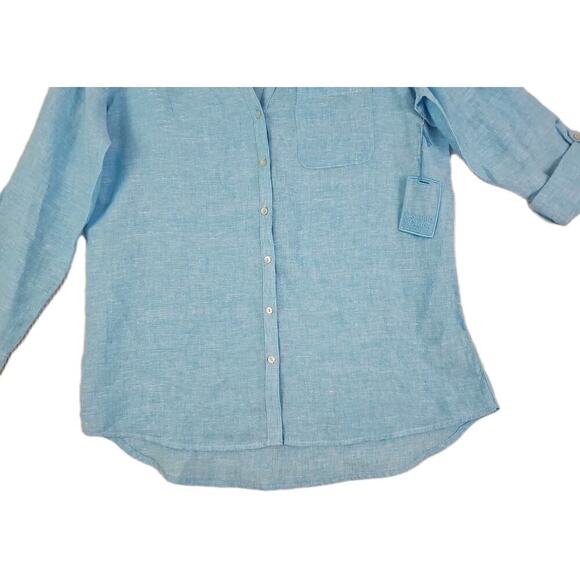 Sigrid Olsen~Woman Size~M~Linen Shirt Long Sleeve Roll Tab Blue Beachy Lagenlook - Picture 9 of 16